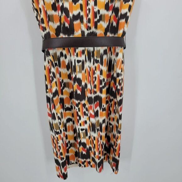 Vintage 90s Sleeveless Boatneck Sheath Dress 10 Orange Brown Abstract Mod USA - Picture 9 of 13